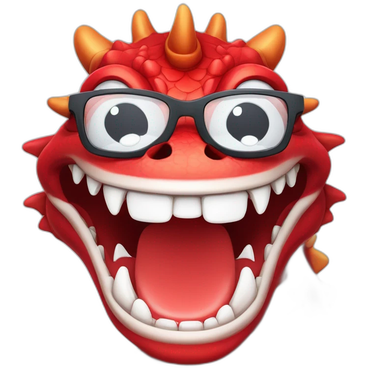 Crazy funny red dragon head with human white teeth and beautiful smile wearing glasses and hat emoji