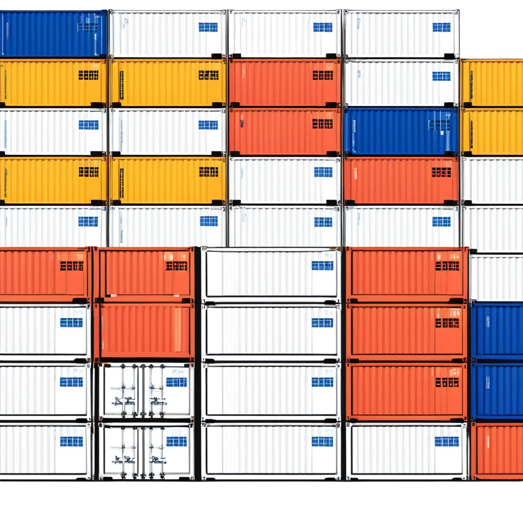 Stack of shipping containers at a port, multicolored cargo boxes emoji