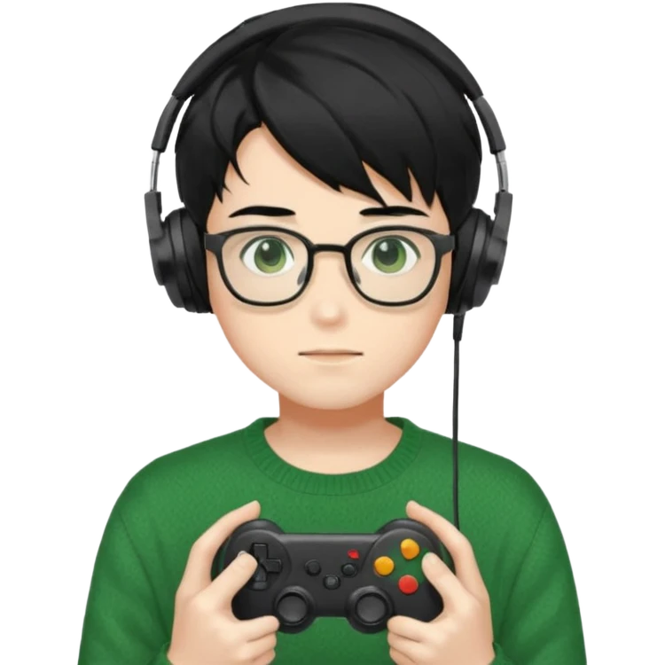 
gamer, Gorgeous green sweater black hair anime style shojo guy glasses, headphone, gamepad emoji