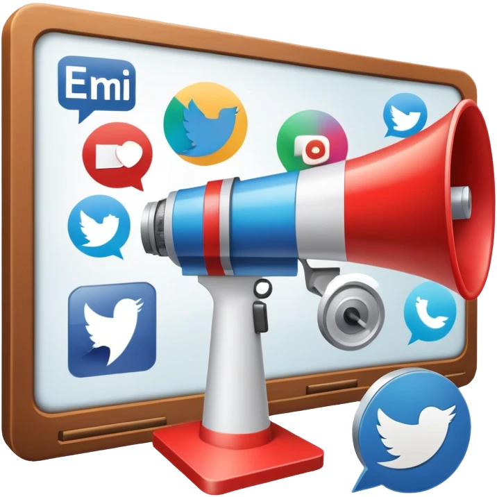 An icon featuring a megaphone, a billboard, and social media icons, symbolizing advertising and public relations. The design includes a press release and a rising graph, representing brand promotion and communication strategies. Transparent background highlights media influence and outreach. emoji