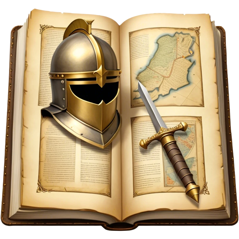 Icon for Historical Fiction Reading: an open book with pages showing ancient scrolls, a quill, a knight's helmet, and a parchment map. The icon should evoke the adventure and grandeur of historical settings and storytelling. Transparent background. emoji