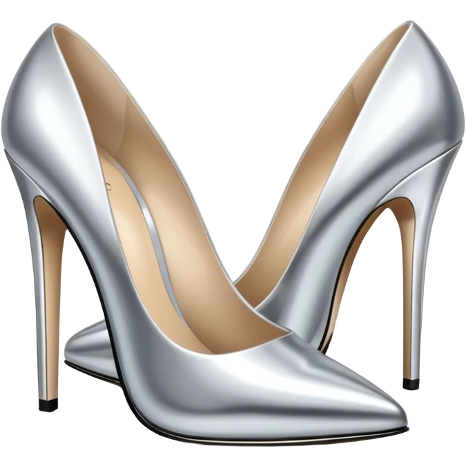 A pair of high heel shoes emoji made of polished silver chrome, elegant sharp silhouette, smooth metallic surface, glossy reflections, luxury sexy vibe, minimalistic iOS emoji style, centered, clean white background emoji