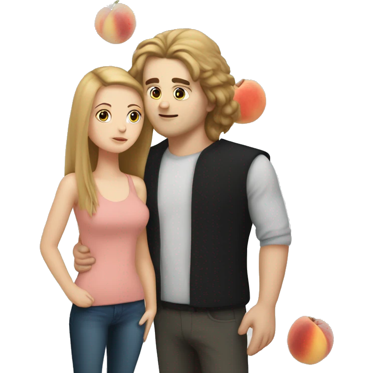 A white girl with a black square kisses a tall white guy with brown hair. There are peaches all around emoji
