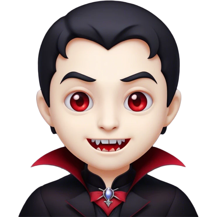 Cinematic Cute Vampire Portrait Emoji, with a refined yet playful small, rounded pale face accented by tiny, cute fangs and bright, twinkling eyes, sporting miniature elegant dark attire with a hint of crimson, simplified yet irresistibly charming, highly detailed with a soft glowing outline that captures the delightful duality of spooky sweetness and stylish allure! emoji