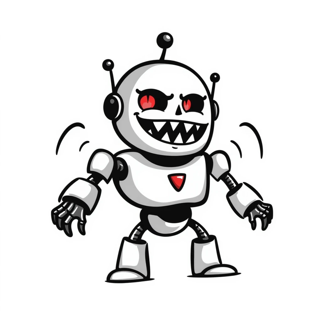 Hand-drawn evil robot with scary face and mechanical parts emoji