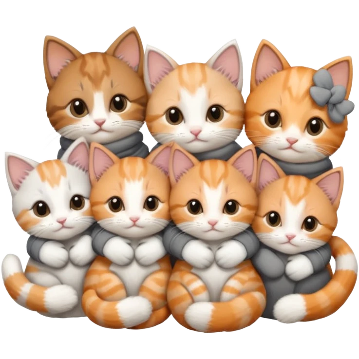 6 tiny kittens cuddling together all various different natural colours including solid grey with white mittens, grey and white, ginger and white, calico, and brown and white emoji