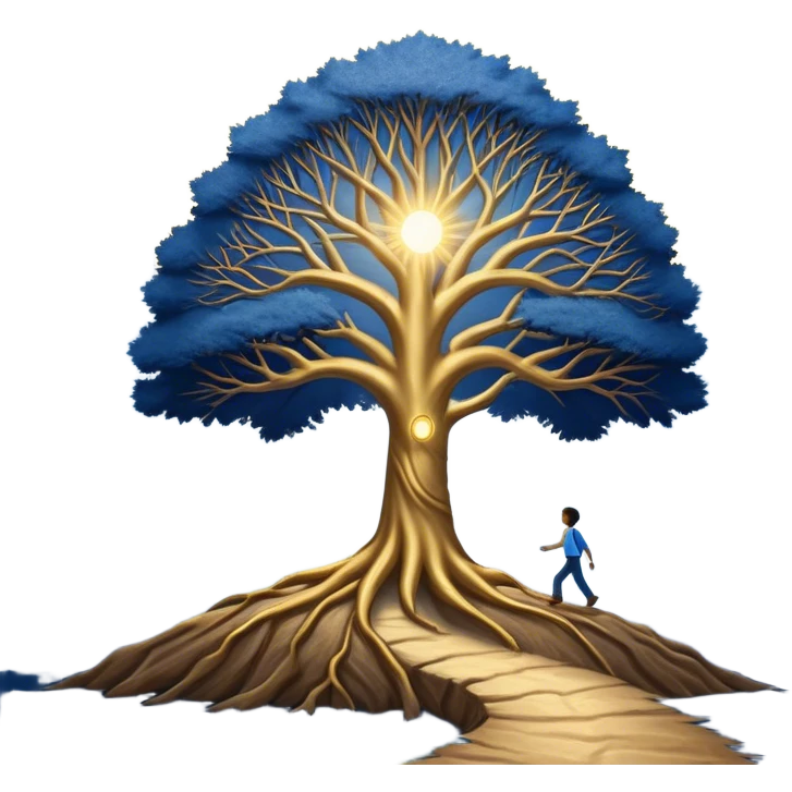 A deep blue-to-golden sunrise book with a textured, aged cover, featuring a lone figure on a path, a ray of light, or a tree with deep roots, radiating hope, purpose, and the power of finding meaning in adversity. emoji