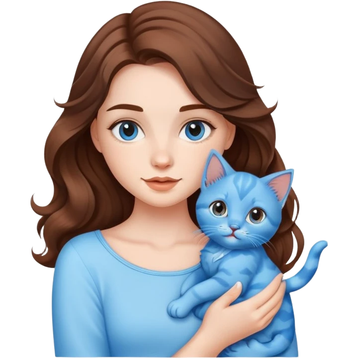 A beautiful girl with big brown waves was holding a blue kitten emoji