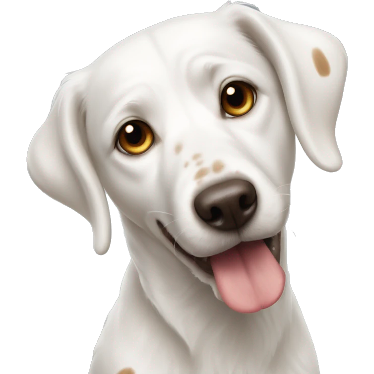 White dog with tongue out and brown spots on eyes and ears emoji
