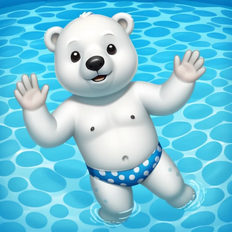 friendly anthropomorphised polar bear swimming in a wide pool scene, wearing polka dot swim trunks and snorkel gear emoji