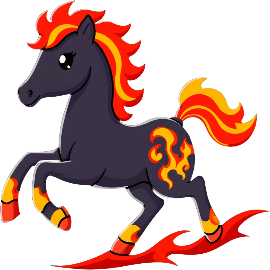 A red galloping horse composed entirely of fiery embers, magma flowing through its body, visible lava veins, flames burning along its mane and tail, with ash particles floating around it emoji