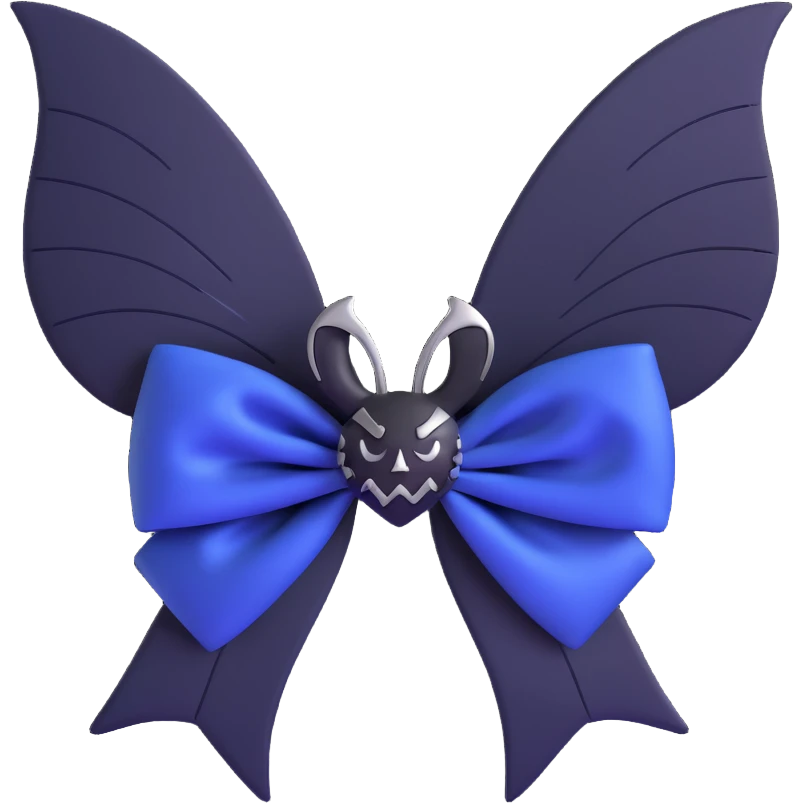 3D emoji gothic bow, midnight blue silk, silver bat brooch, black feather accents, mysterious and rich emoji