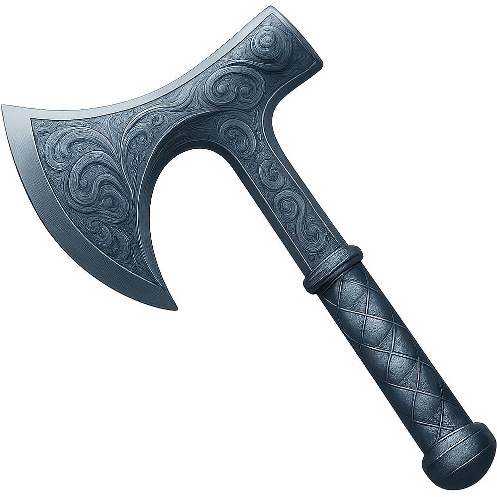 Recolor this weapon to match the blueish-gray steel color and ornate engravings of the reference helmet. Emphasize the cool metallic finish and detailed engravings, matching the helmet exactly. Transparent background. The style should reflect a cool metallic look with detailed engravings as seen in the helmet reference. emoji