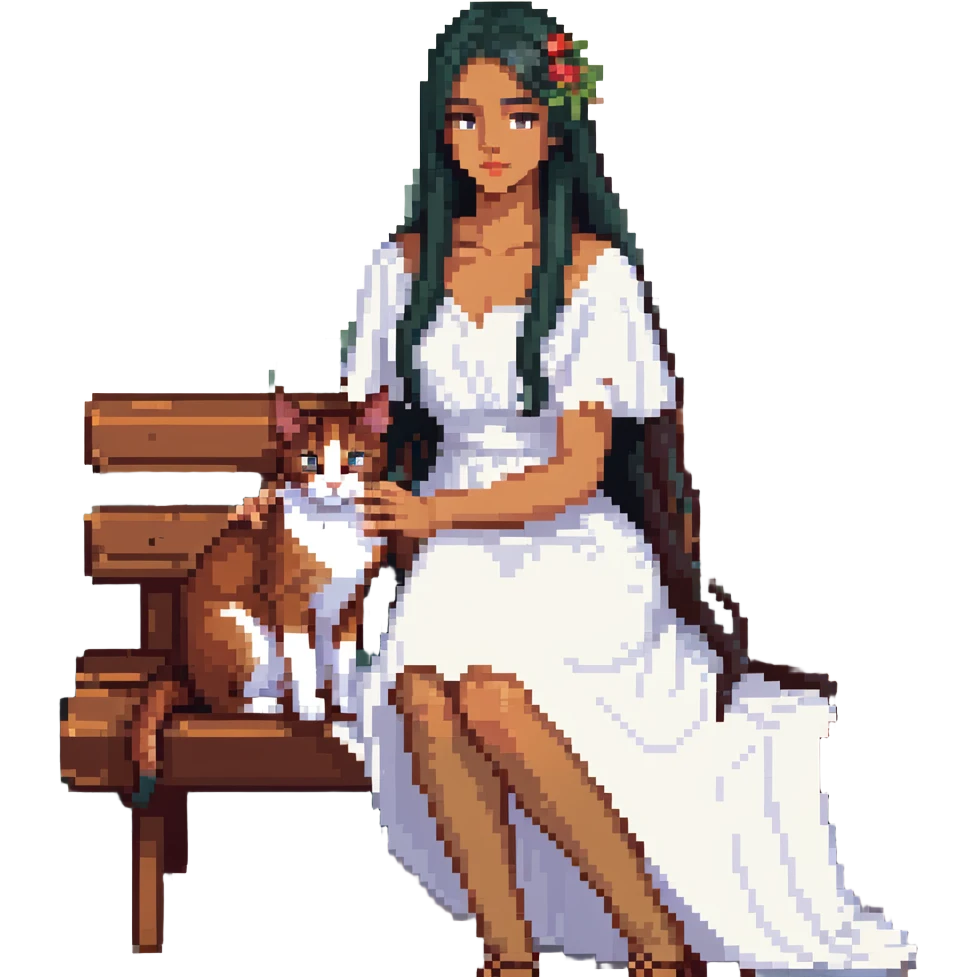 beautiful girl with long black hair in a white dress holding an Abyssinian cat with reddish-brown fur, sitting on a bench emoji