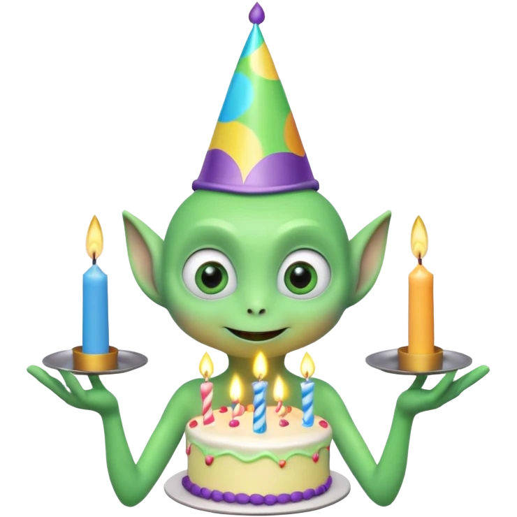 A cute friendly alien holding a birthday cake with candles, big expressive eyes, bright colors, cartoon style, playful atmosphere, 3D animated look, Pixar-inspired, highly detailed
 emoji
