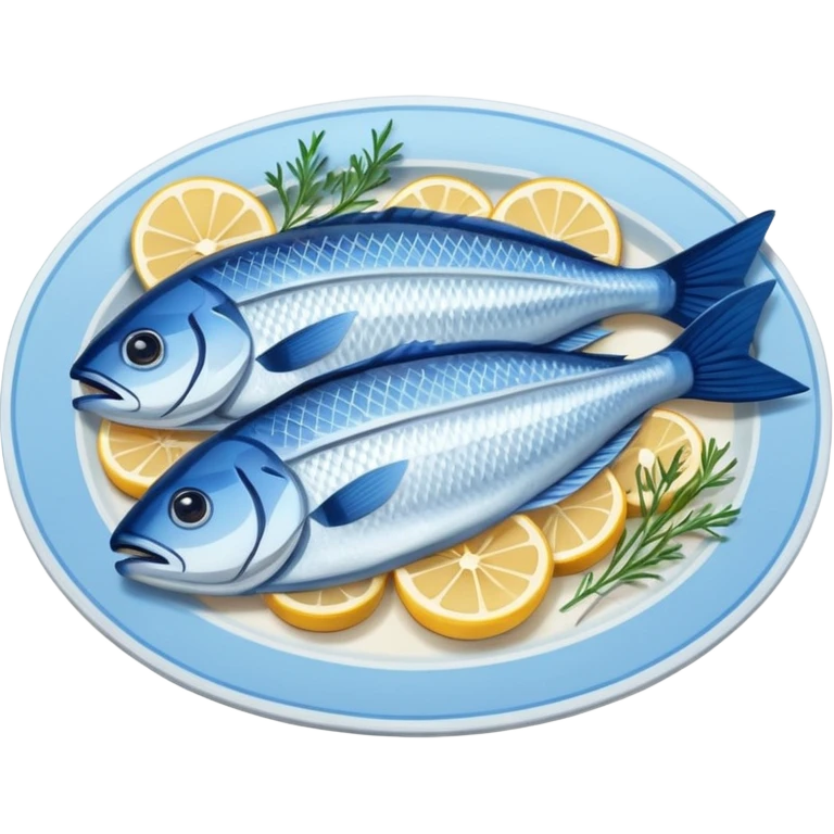 Fish dishes avatar in bright emoji-style illustration. Grilled fish, fillets, and seafood, blue and silver tones, simple shapes, flat design, fresh and flavorful. emoji