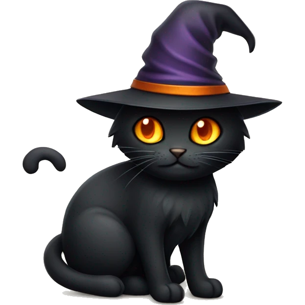 black cat with orange eyes and a witch’s hat emoji