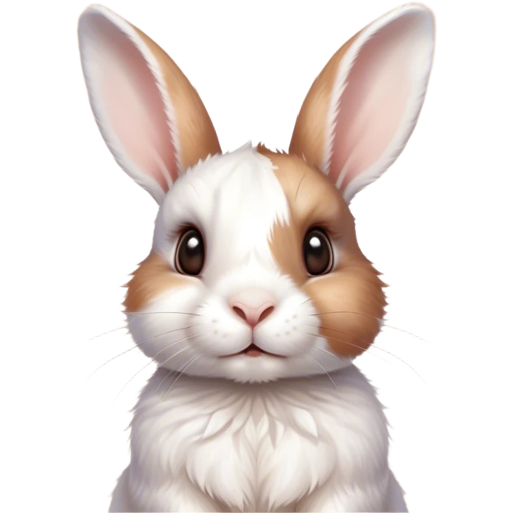 Cinematic Cute White and Brown Rabbit Portrait Emoji, Head tilted playfully and inquisitively, featuring a silky fur with a delicate mix of white and brown patches, round, sparkling eyes filled with curiosity, Simplified yet irresistibly adorable features, highly detailed, glowing with a warm, friendly glow, high shine, affectionate and lively, stylized with a touch of whimsy, bright and endearing, soft glowing outline, capturing the essence of a mischievous yet loving bunny, so playful it feels like it could hop out of the screen and into your arms! emoji