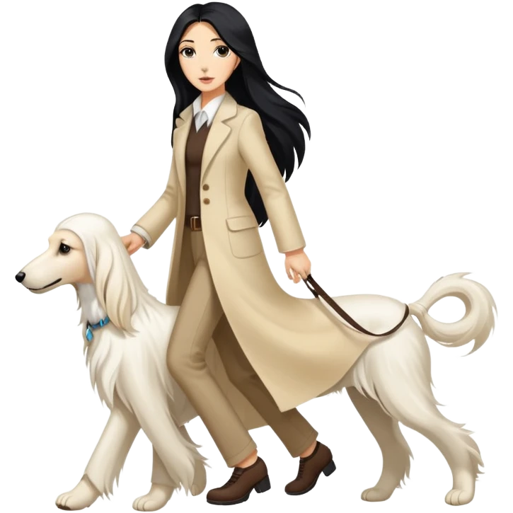 A girl with long black hair walks a white Afghan hound emoji