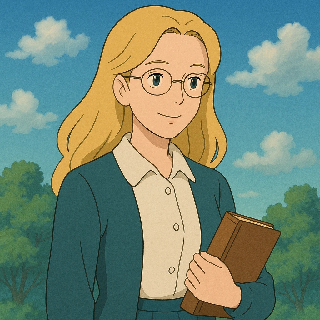 profesora rubia de pelo largo, piel clara, estilo ghibli emoji
