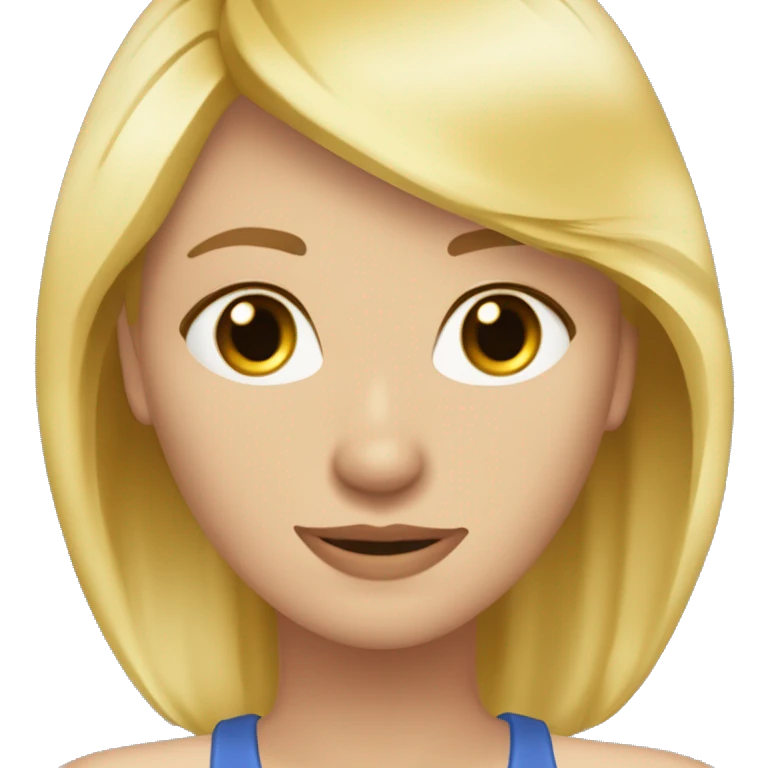Blondýna, žena, vlasy po prsa, široký úsměv a velká brada, modré oči, kulatý obličej, výrazné obočí, 30 let emoji