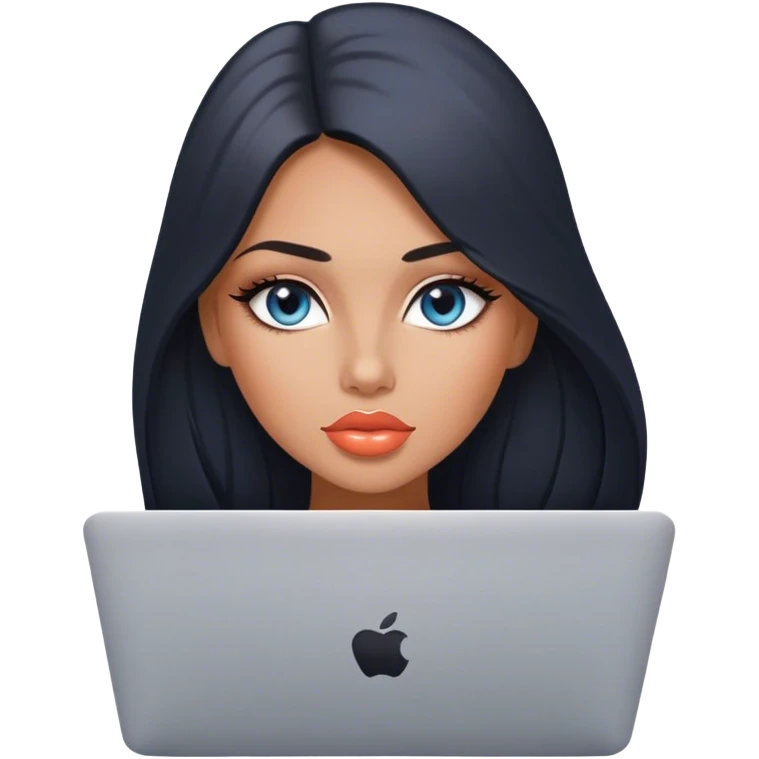 Glamours tanned very beautiful girl with big pump peach lips and almost black straight smooth silky long hair, blue-grey eyes with MacBook emoji