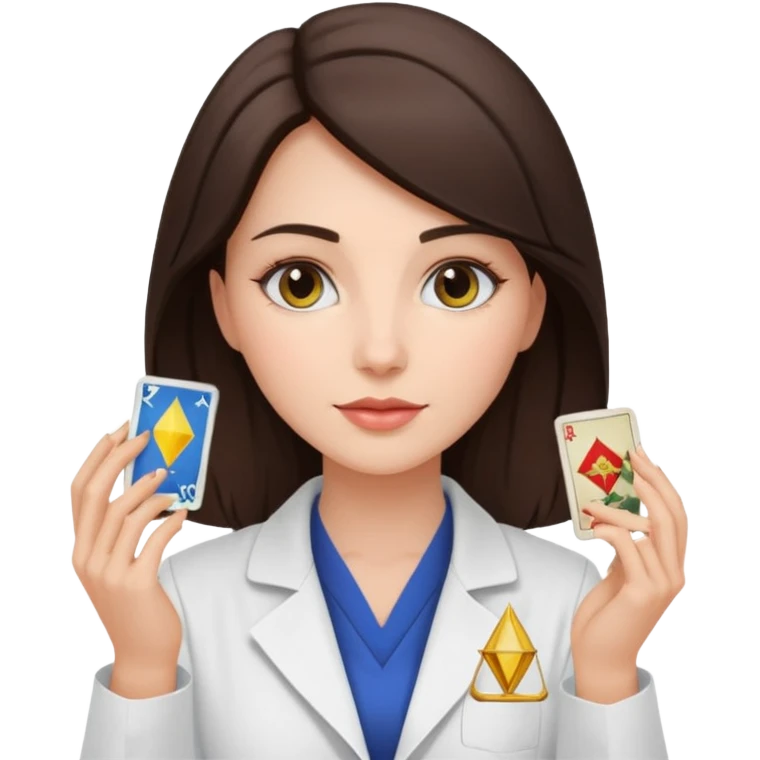 Beautiful scientist brunette woman in a a lab coat with tarot cards emoji