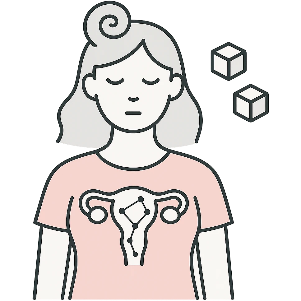 medical minimalist illustration of a female outline in pastel palette filled with abstract PCOS features including spiraling hair, sugar cubes, constellation ovaries emoji