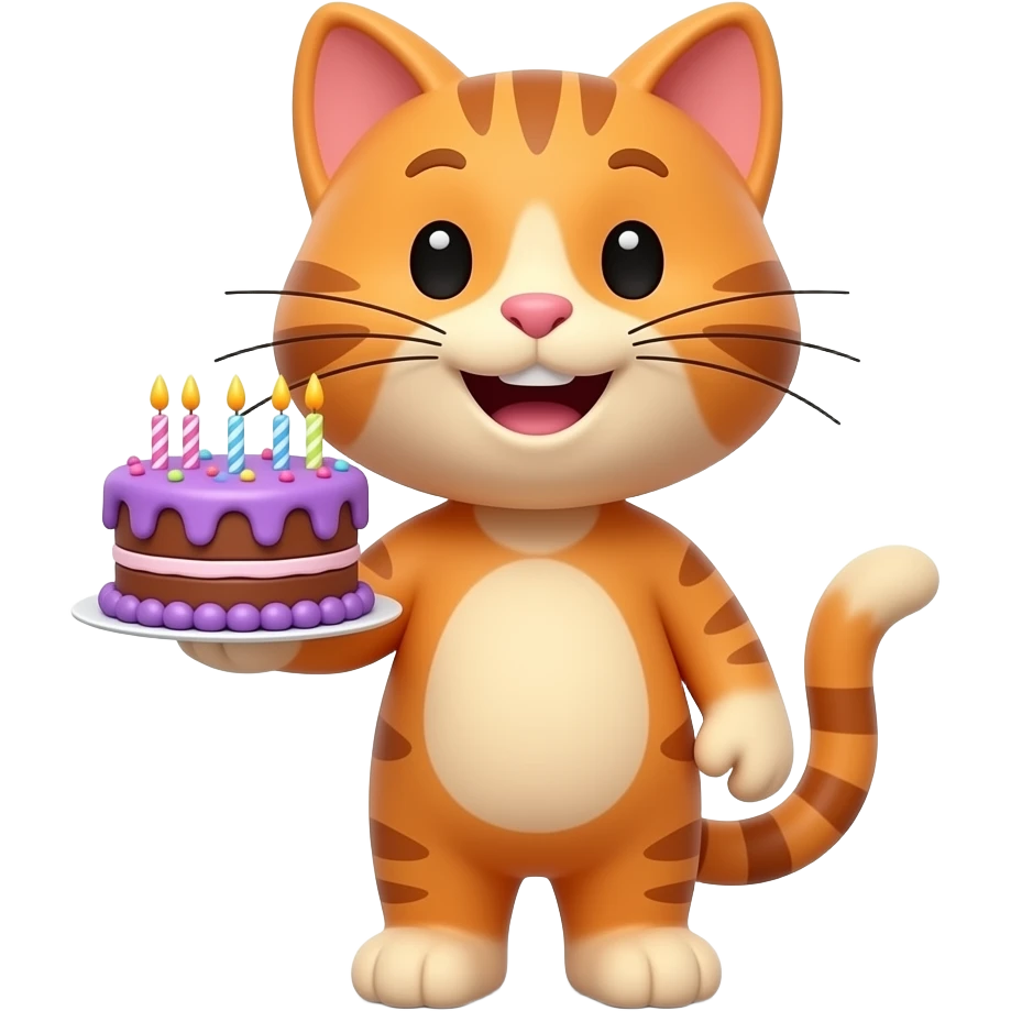 a happy cartoon 3d cat holds a purple 3d bithday cake fully decorated and candles on emoji