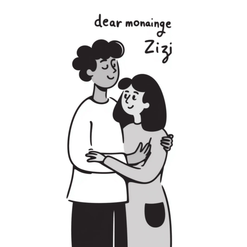 person hugging girlfriend, with text 'dear monainge wan Zizi' emoji