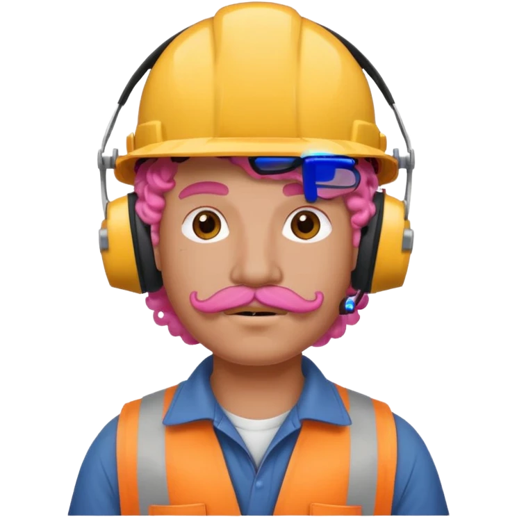 construction worker with pink curly hair and protective headphones and mustache emoji