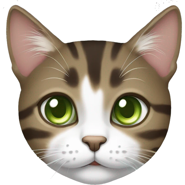 Brown mackerel tabby cat with partially white face and green eyes emoji