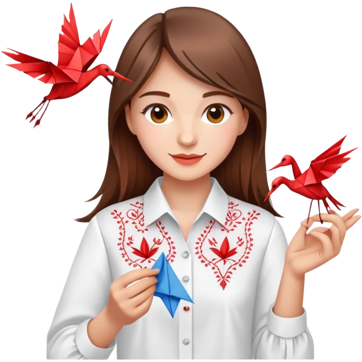 A happy Ukrainian young girl with brown hair in a white embroidered shirt makes an origami red crane craft emoji