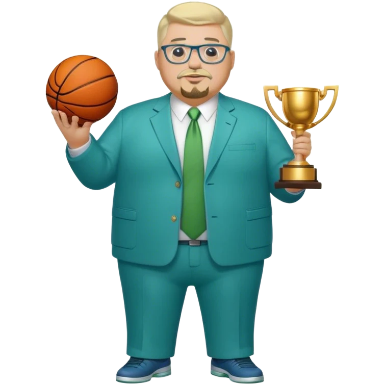 Full Body white fat male  wearing glasses with a goatee with light blonde gray very short hair basketball head Coach in blue and green suit holding trophy emoji