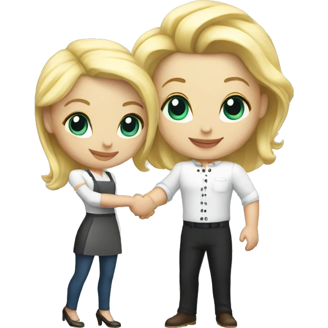 restaurant owner with white skin and blogger with white skin and blonde hair shaking hands in full height emoji