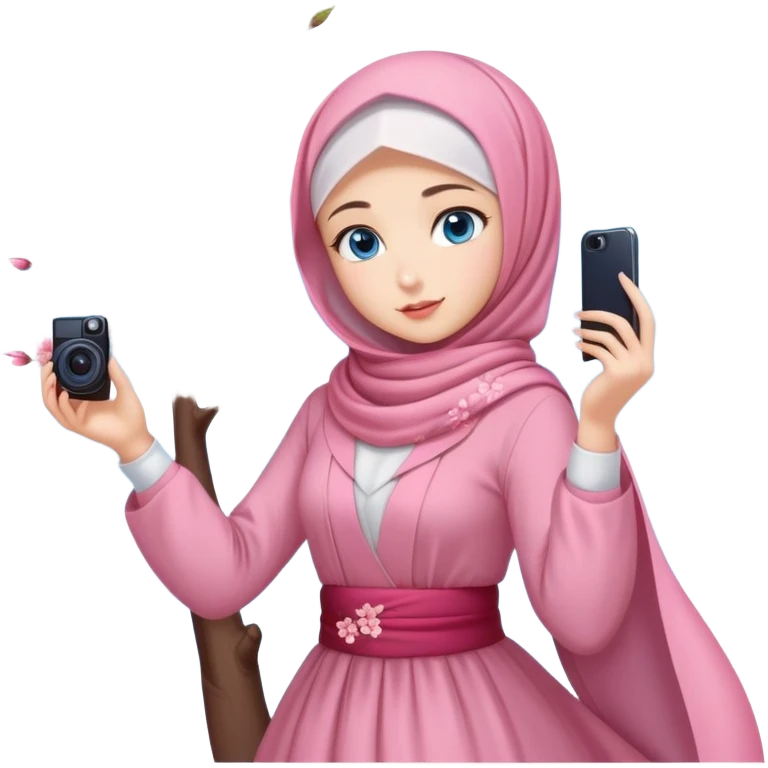Turkish beautiful finish Konya girls blue eyes with lovely cherry blossom hijab long tail dress and she takes photo from sky emoji