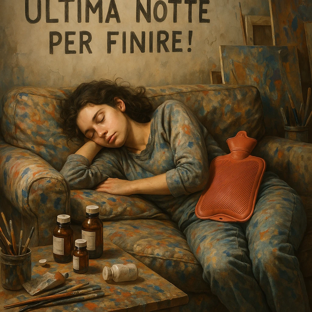 Young artist sleeping on a paint-stained sofa, above the Italian text 'Ultima notte per finire!', medicine bottles and hot water bottle next to her as supplies, creative and chaotic atmosphere, hyperrealism 4K, Italian text. emoji
