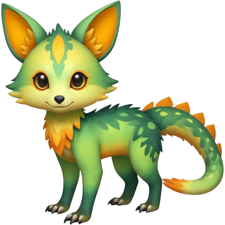 Rare realistic exotic warm-green warm-orange warm-yellows pastel gradients cute epic pretty beautiful handsome gorgeous aesthetic colorful vibrant Vernid-Trico-species-Fakemon-creature by LiLaiRa, 4 legs, 1 tail, random markings, (full body) emoji