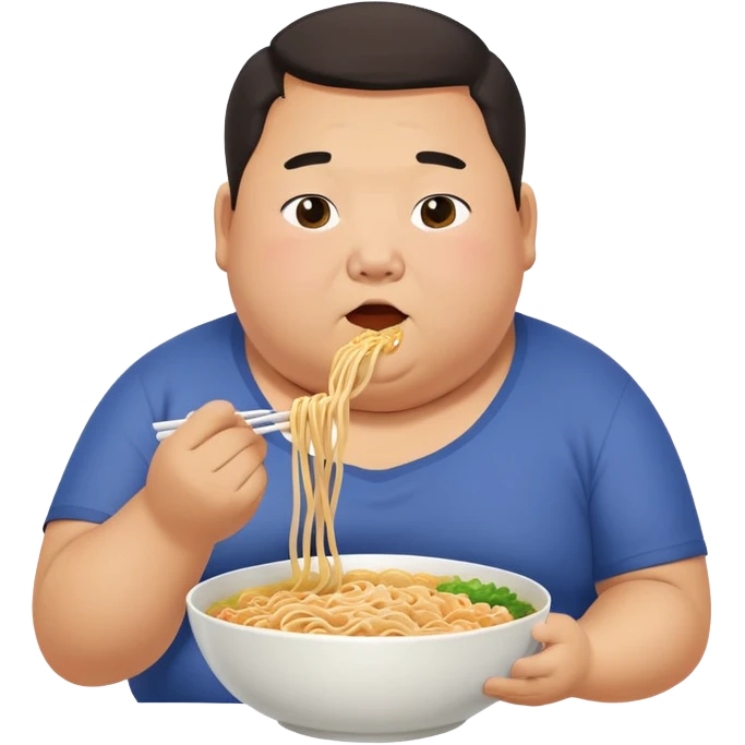 Fat asian man bursting out of clothes while eating noodles emoji