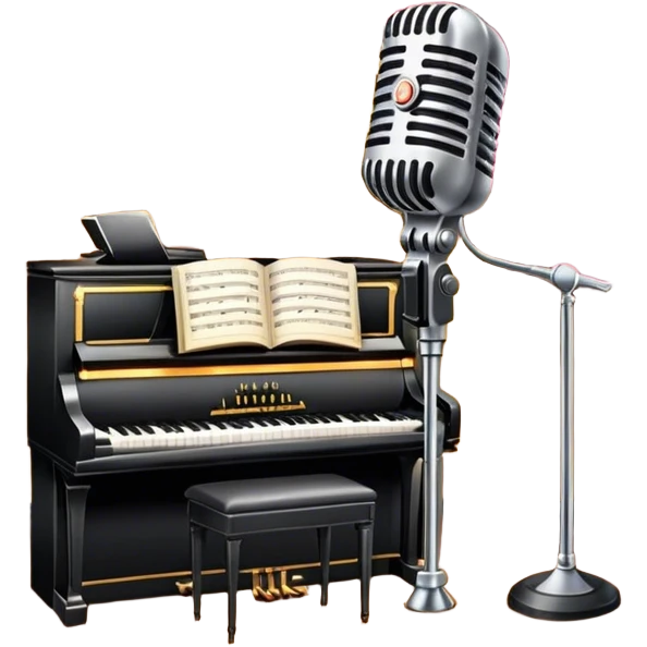 Icon for 50s American Musical Theater: a retro stage with neon lights, a classic microphone, musical notes, vintage theater curtains, and Broadway-style elements. Avoid focusing solely on the piano. Transparent background. emoji