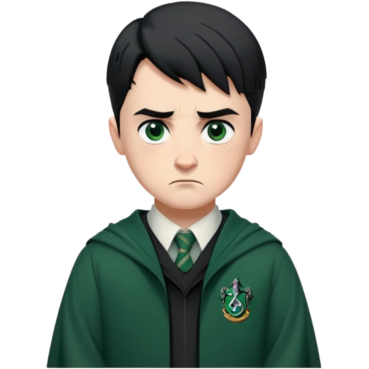 Jamie Yeates is Marcus Flint in harry potter, wear hogwarts slytherin uniform, short black hair, bulky face, often scowling or looking grumpy give him an intimidating presence emoji