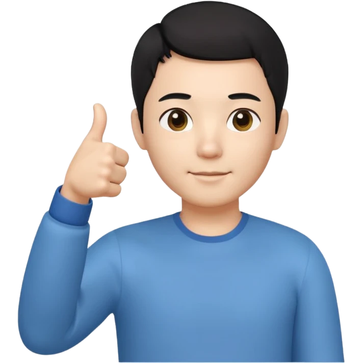3D avatar of a Korean male frontend developer,
short black hair with clean 5:5 middle part,
no glasses,
one hand making thumbs up gesture,
calm and friendly expression,
minimal professional style emoji