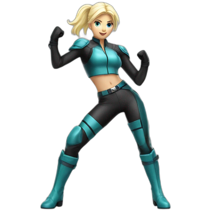 1 girl, racer, leather suit, latex legwear, leather skirt, platinum blonde hair, ponytail, smirk, aqua eyes, leather boots, canyon, Victory pose, Fighting stance emoji