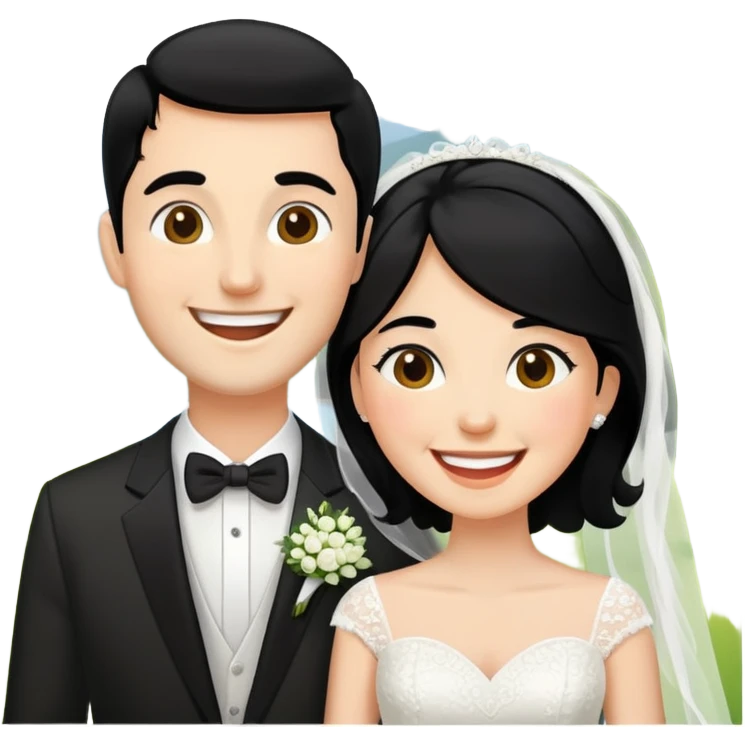 happy wedding couple outdoors，black hair emoji