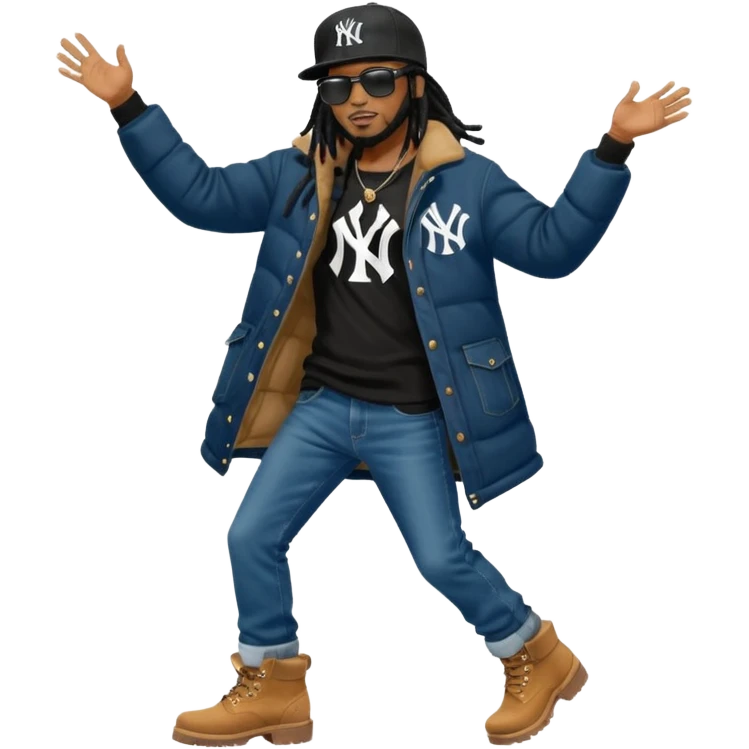 African American man with shoulder length black dreadlocks and black sunglasses wearing a black New York Yankees baseball hat  bubble winter coat with denim skinny jeans and timberland boots dancing emoji