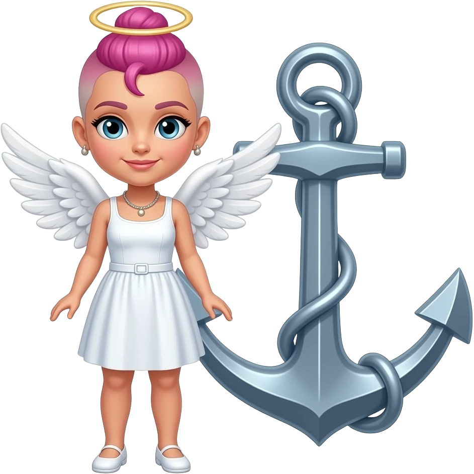 female Angel, pink hair buzzcut hair. Standing next to an anchor, pink hair buzzcut emoji