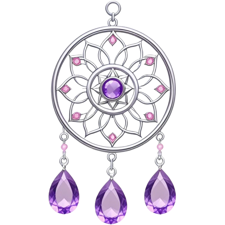Epic Hanging silver suncatcher, threads with shiny sparkly amethyst and rose-quartz gemstones,  emoji