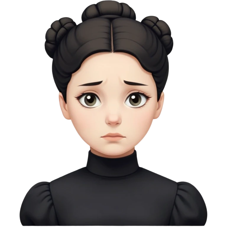 A Victorian woman with a simple coiffed white bun and light eyes wearing a simple monochrome black turtleneck mourning dress with puffed sleeves looking down with a forlorn, miserable expression emoji