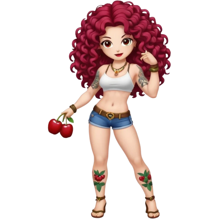 full body woman long curly brown hair brown eyes white skin tattoos muscular build cherry twin fruit hair ornaments, flirty battle pose emoji