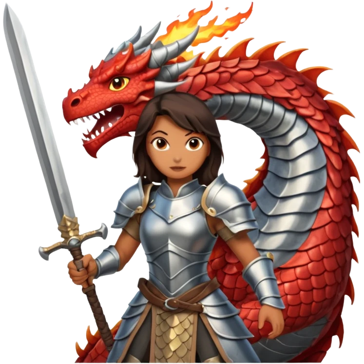 Fierce Latina in armor with a sword in a losing battle with a dragon emoji